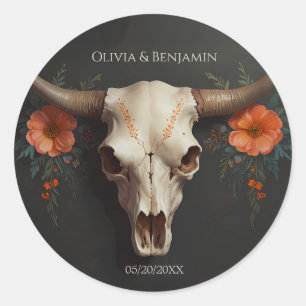 Sticker Rond Aquarelle minimaliste Mariage crâne de vache flora