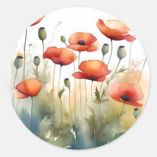 Sticker Rond Aquarelle minimaliste Rouge Poppie