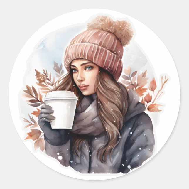 Sticker Rond Aquarelle mode hiver fille avec café (Devant)