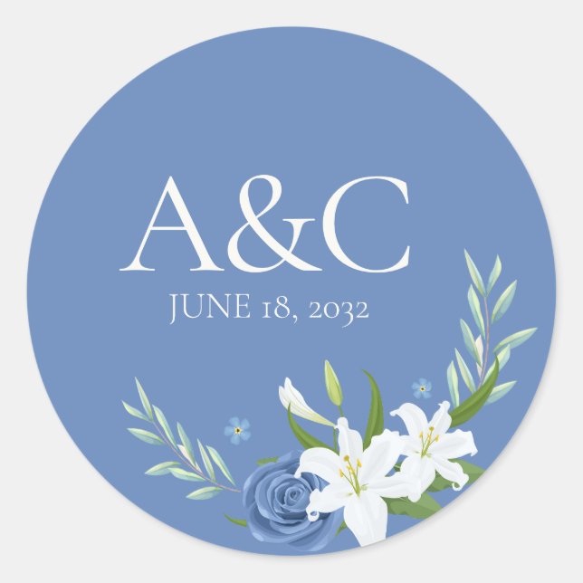 Sticker Rond Aquarelle moderne bleu Mariage Floral (Devant)
