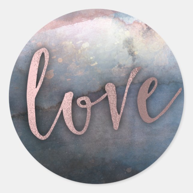 Sticker Rond Aquarelle moderne Bleu & Rose Or Rose AMOUR (Devant)