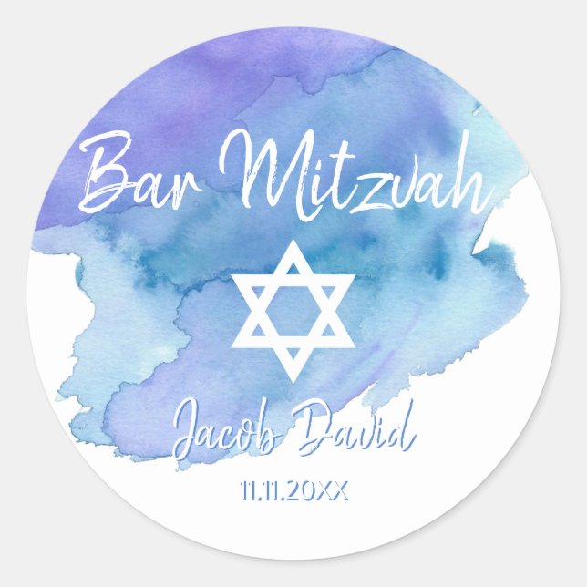 Sticker Rond Aquarelle moderne Blue Star Bat Bar Mitzvah (Devant)
