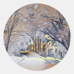 Sticker Rond Aquarelle moderne des arbres enneigés colorés