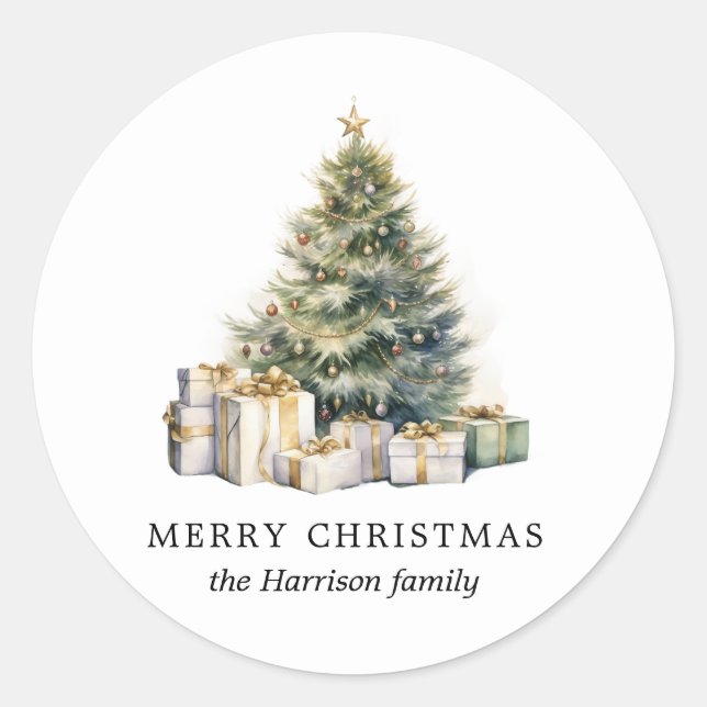 Sticker Rond Aquarelle moderne Joyeux sapin de Noël (Devant)