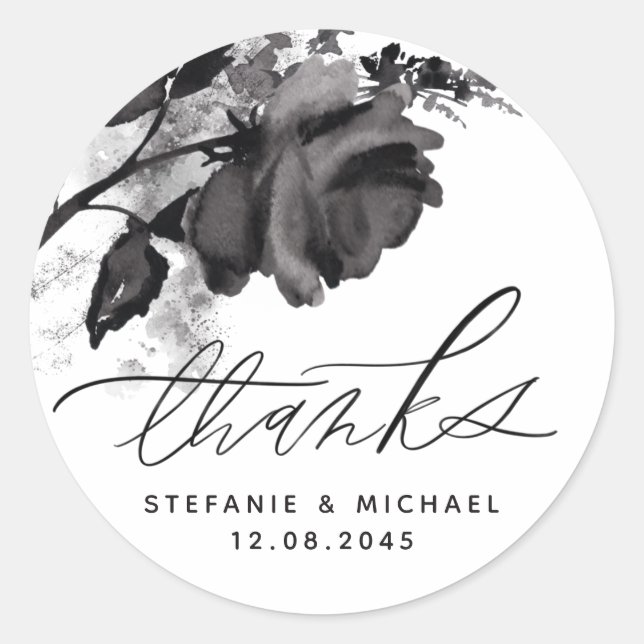 Sticker Rond Aquarelle moderne Rose noir Merci Mariage (Devant)