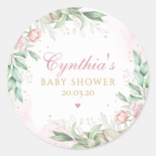 Sticker Rond Aquarelle moderne Vert Baby shower rose Floral