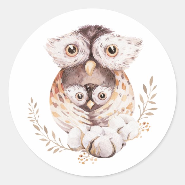 Sticker Rond Aquarelle Mommy and Baby Owl Baby shower bois (Devant)