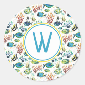 Sticker Rond Aquarelle Monogramme de poissons tropicaux