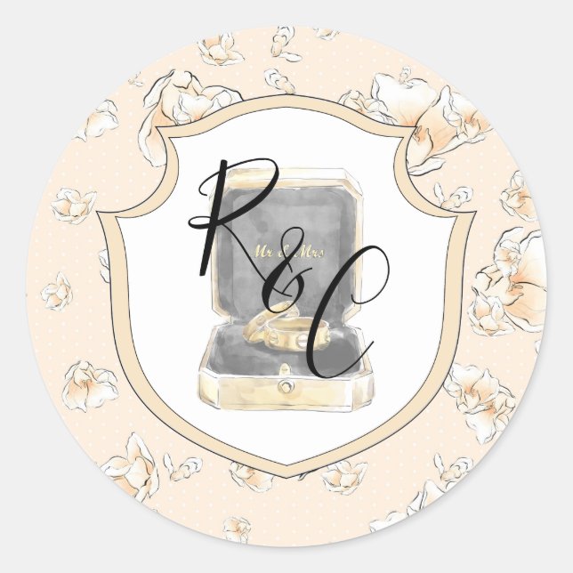 Sticker Rond Aquarelle Monogramme Mariage anneaux Magnolia (Devant)
