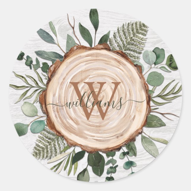 Sticker Rond Aquarelle Monogramme Paillettes et feuillage en bo (Devant)