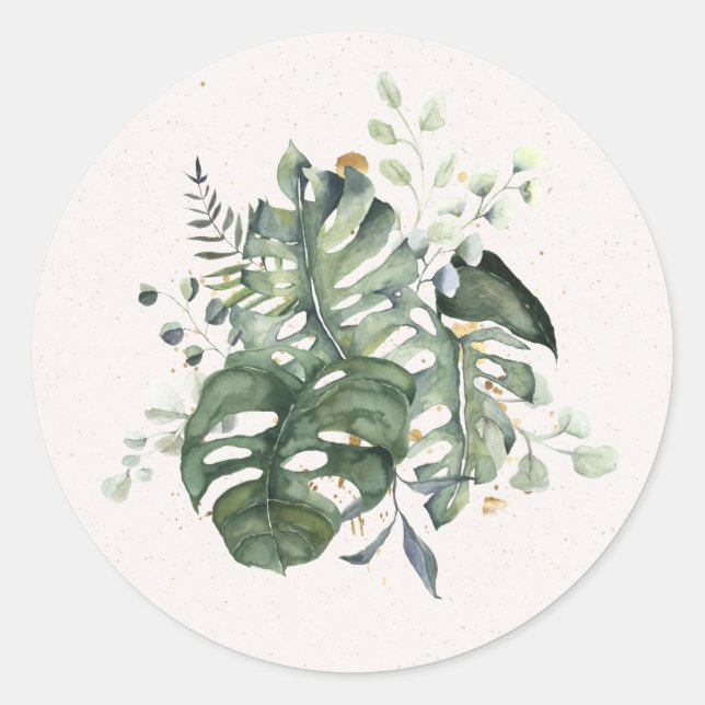 Sticker Rond Aquarelle Monstera Feuilles (Devant)