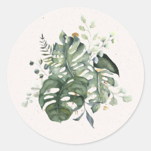 Sticker Rond Aquarelle Monstera Feuilles