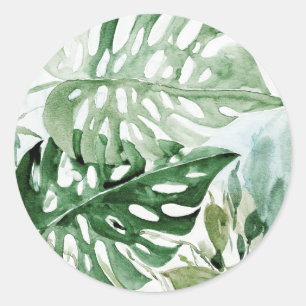 Sticker Rond Aquarelle Monstera Tropical Végétal Botanique