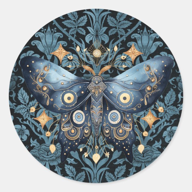 Sticker Rond Aquarelle mystique Bleu et doré Night Moth (Devant)