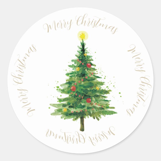 Sticker Rond Aquarelle Noël Arbre et étoile (Devant)