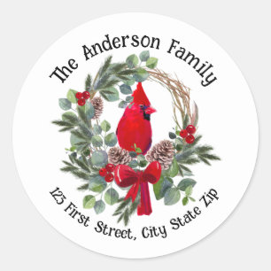 Sticker Rond Aquarelle Noël Cardinal Baies d'oiseaux rouges