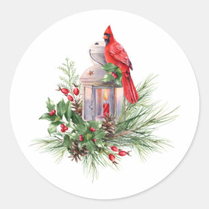 Sticker Rond Aquarelle Noël Cardinal rouge et baies