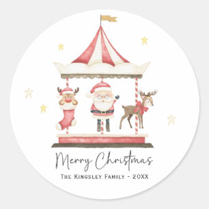 Sticker Rond Aquarelle Noël Carousel du Père Noël