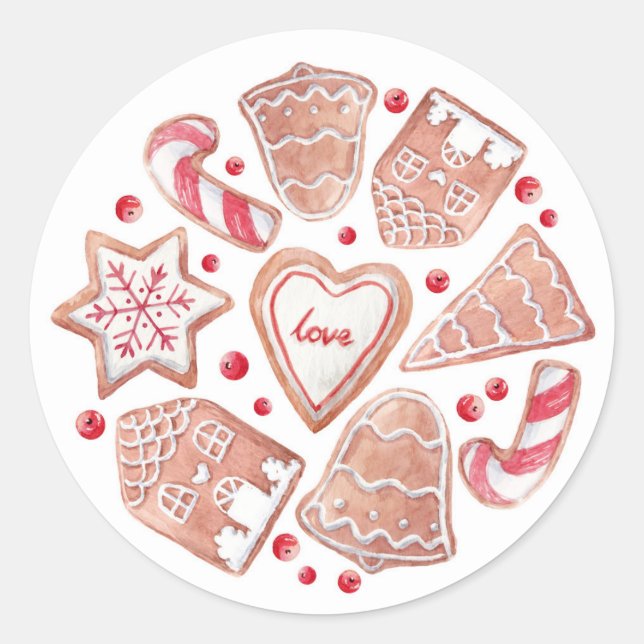 Sticker Rond Aquarelle Noël Cookies Motif Fête (Devant)