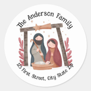 Sticker Rond Aquarelle Noël Nativité Scène