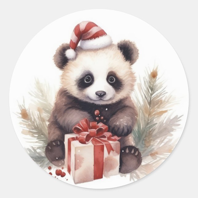 Sticker Rond Aquarelle Noël Panda Ours (Devant)