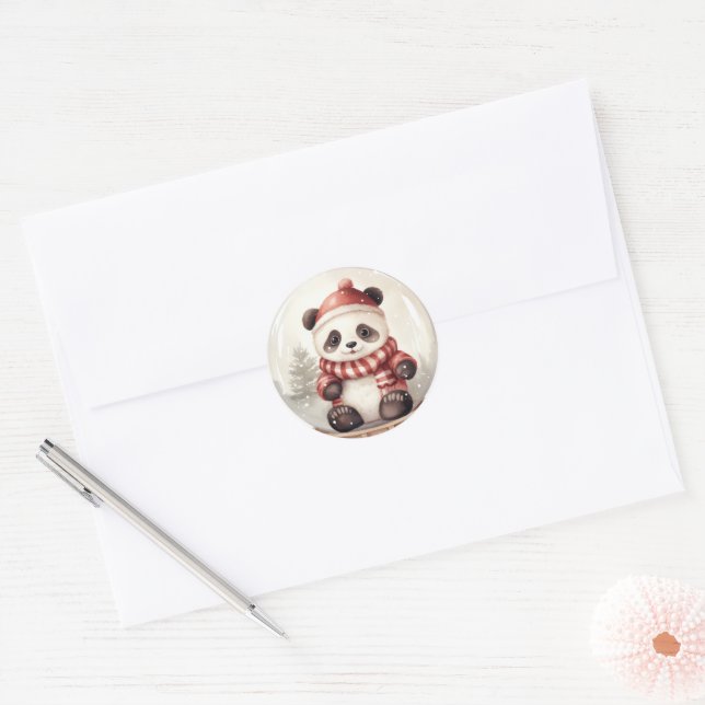 Sticker Rond Aquarelle Noël Panda Ours (Enveloppe)