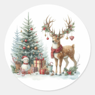 Sticker Rond Aquarelle Noël rennes