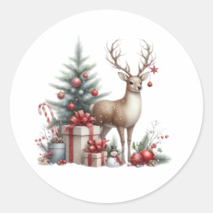 Sticker Rond Aquarelle Noël rennes