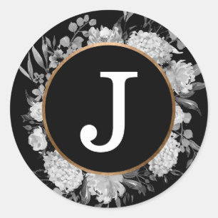 Sticker Rond Aquarelle noire moderne Monogramme floral Faux Or