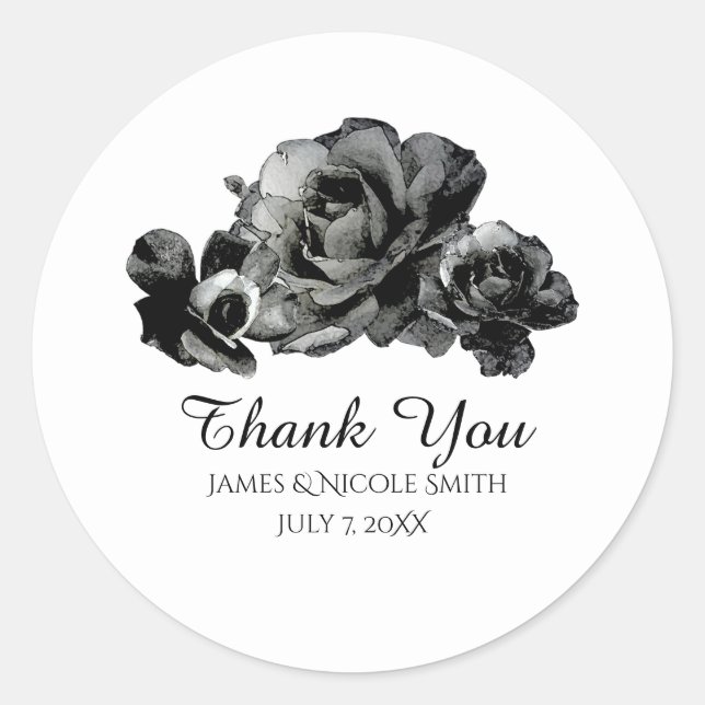 Sticker Rond Aquarelle noire Roses Élégant mariage Faveur (Devant)