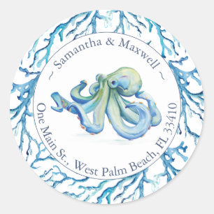 Sticker Rond Aquarelle Octopus Adresse de retour Classic
