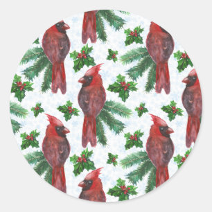 Sticker Rond aquarelle Oiseau cardinal rouge
