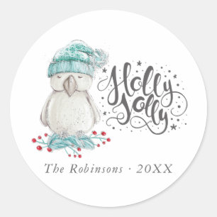 Sticker Rond Aquarelle Oiseau d'hiver Holly Jolly Noël