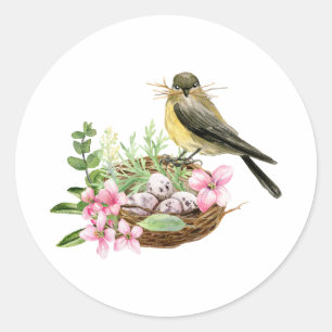 Sticker Rond Aquarelle Oiseau sur le nid avec fleurs roses