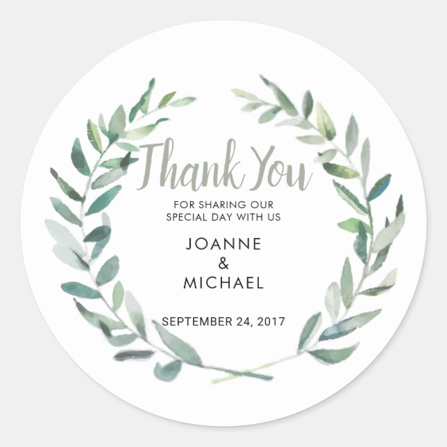 Sticker Rond Aquarelle olive feuille Mariage Merci Favoriser (Devant)