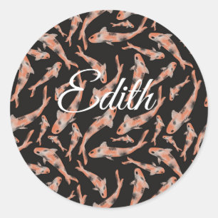 Sticker Rond Aquarelle Orange Koi Poisson Noir Personnalisé