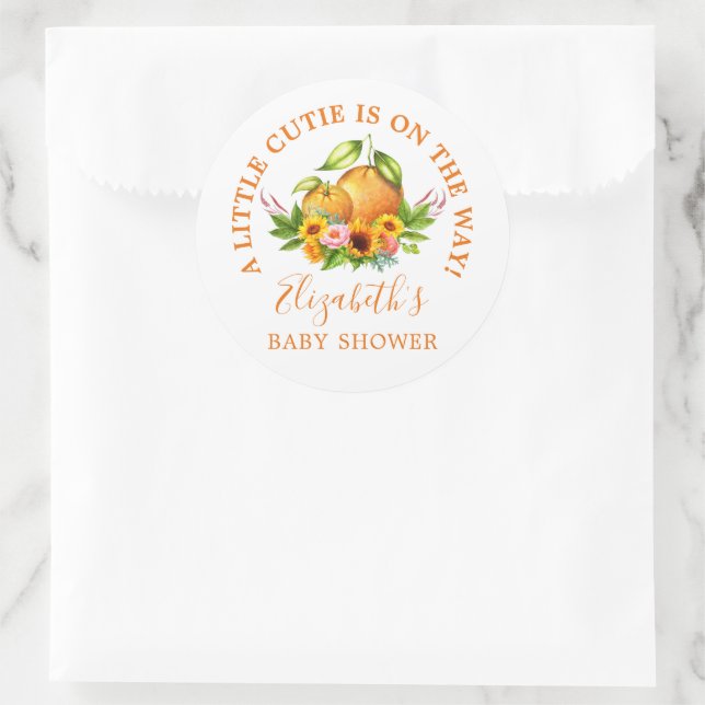 Sticker Rond Aquarelle Oranges Floral Little Cutie Baby shower (Sac)