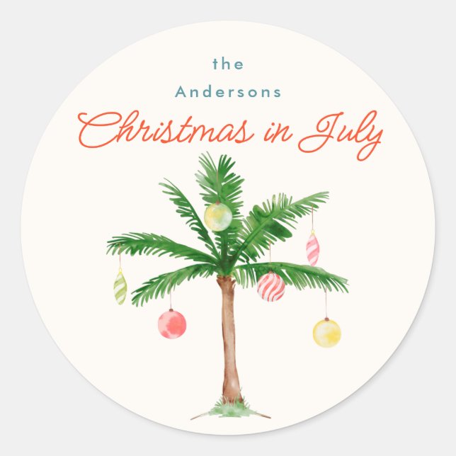 Sticker Rond Aquarelle Palm Tree Xmas Juillet BBQ Summer Party (Devant)