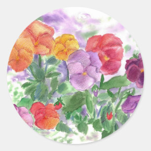 Sticker Rond Aquarelle Pansy Fleurs Arc-en-ciel Couleurs