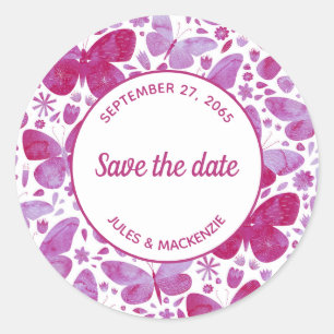 Sticker Rond Aquarelle papillon rose Enregistrer la date