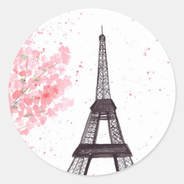 Sticker Rond Aquarelle Paris Eiffel Tour Cherry Blossom (Devant)
