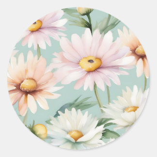 Sticker Rond Aquarelle Pastel Daisies Douces Et Élégantes