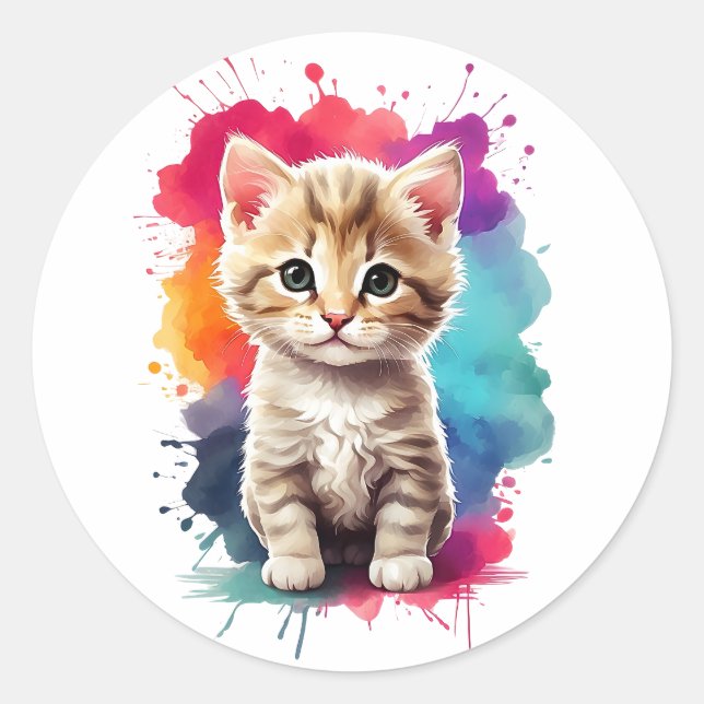 Sticker Rond Aquarelle Pâte Art Cute Kitten Splatt Peinture (Devant)