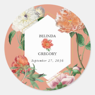 Sticker Rond Aquarelle Peach Pink Peonies Mariage