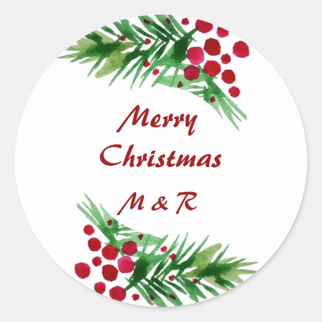Sticker Rond Aquarelle Peinte à la main, Guirlande de pin, Baie (Devant)