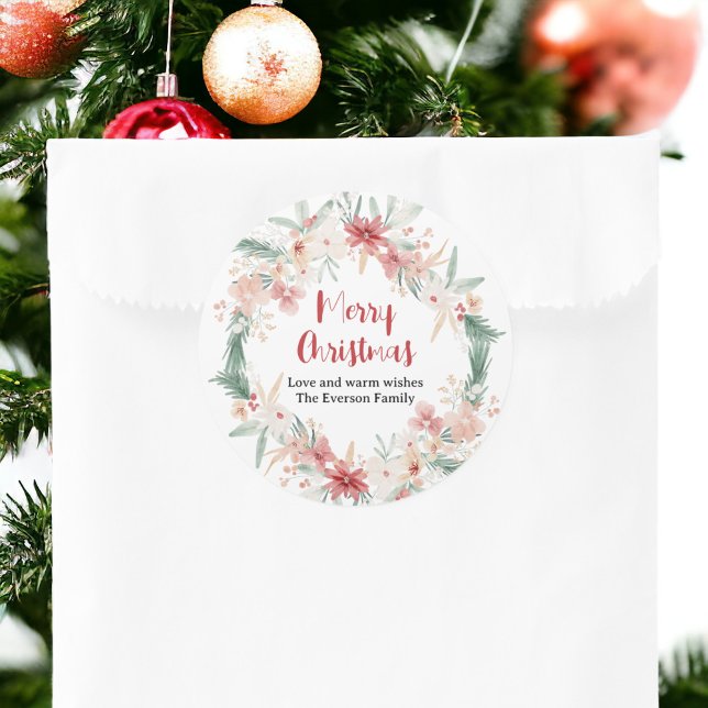 Sticker Rond Aquarelle peinte à la main Joyeux Noël botanique (Hand Painted Watercolor Botanical Merry Christmas Classic Round Sticker)