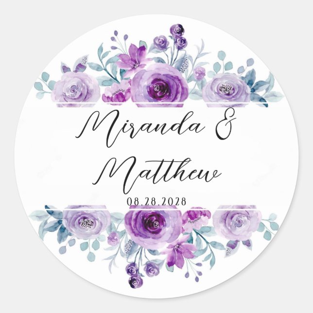 Sticker Rond Aquarelle Peonies pourpres Mariage personnalisé (Devant)