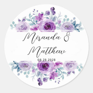 Sticker Rond Aquarelle Peonies pourpres Mariage personnalisé