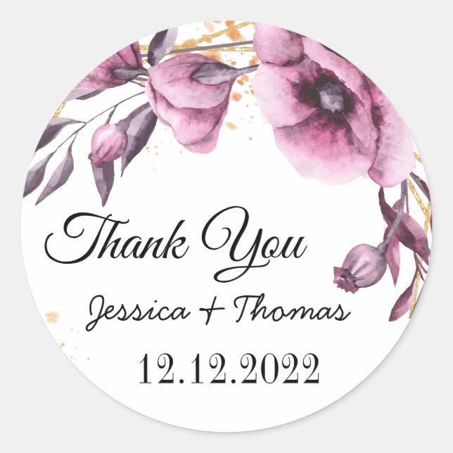 Sticker Rond Aquarelle Peony Fleurs Merci Mariage Faveur (Devant)
