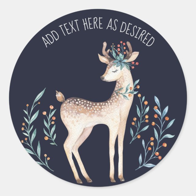 Sticker Rond Aquarelle personnalisée Cerf Fleurs BLEU hiver (Devant)